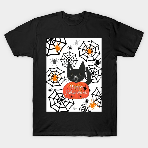 BLACK Cat Halloween With Spiders T-Shirt by SartorisArt1